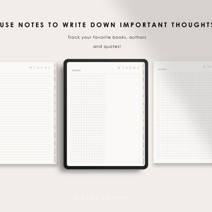 Pu&ograve; includere: Tre pagine vuote con layout di carta rigata, quadrettata e grafica. Le pagine sono etichettate "NOTES" e fanno parte di un quaderno o di un planner. Il testo "USE NOTES TO WRITE DOWN IMPORTANT THOUGHTS" &egrave; nella parte superiore dell'immagine. Il testo "Track your favorite books, authors and quotes!" &egrave; sotto la prima riga di testo. Il testo "MARRMARSTUDIO" &egrave; nella parte inferiore dell'immagine.