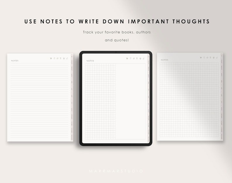 Pu&ograve; includere: Tre pagine vuote con layout di carta rigata, quadrettata e grafica. Le pagine sono etichettate "NOTES" e fanno parte di un quaderno o di un planner. Il testo "USE NOTES TO WRITE DOWN IMPORTANT THOUGHTS" &egrave; nella parte superiore dell'immagine. Il testo "Track your favorite books, authors and quotes!" &egrave; sotto la prima riga di testo. Il testo "MARRMARSTUDIO" &egrave; nella parte inferiore dell'immagine.