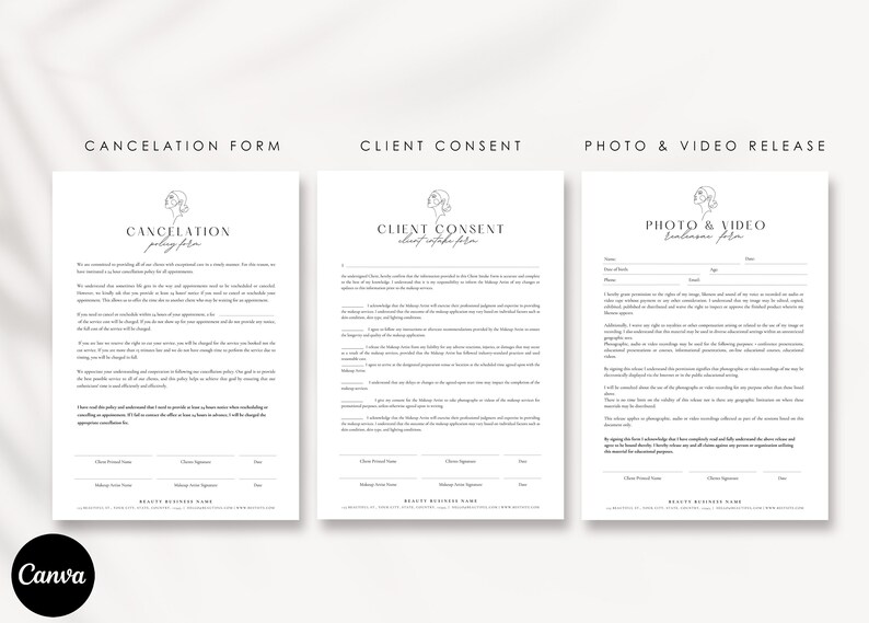 May include: Three printable forms for a beauty business: a cancellation policy form, a client consent form, and a photo and video release form. Each form has a simple line drawing of a woman's face at the top.