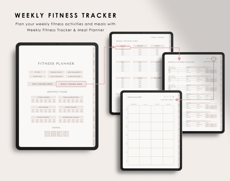 Puede incluir: Un planificador digital para hacer un seguimiento de las metas de fitness y planificar las comidas. El planificador incluye secciones para el seguimiento diario y semanal del estado f&iacute;sico, la planificaci&oacute;n de las comidas y p&aacute;ginas mensuales para el establecimiento de objetivos y la reflexi&oacute;n. El planificador est&aacute; dise&ntilde;ado para su uso en una tableta o computadora.