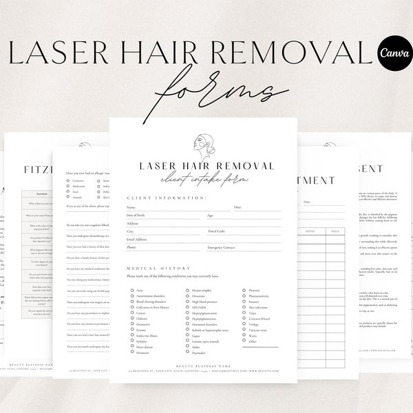 Laser Hair Removal Consent Forms | Printable Laser Hair Reduction Form | Editable Esthetician Templates | Consultation Form | Canva Template