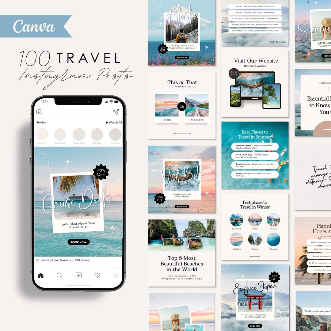 Travel Instagram Post Templates | Travel Agent Social Media Posts - Etsy