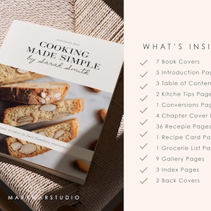 May include: A cookbook titled "COOKING MADE SIMPLE by Sarah Smith" with a photo of sliced almond biscotti. The book cover has a cream-colored background with black text. The image also shows a list of what's inside the cookbook.