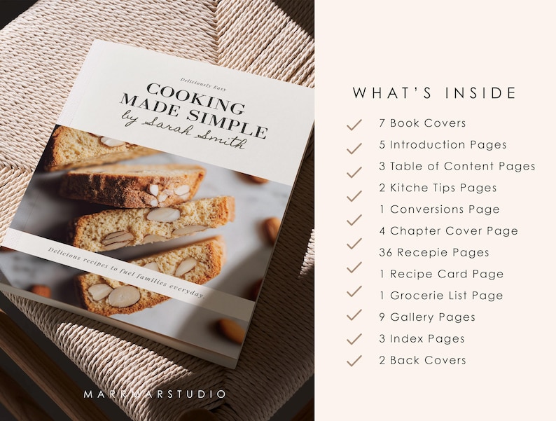 May include: A cookbook titled "COOKING MADE SIMPLE by Sarah Smith" with a photo of sliced almond biscotti. The book cover has a cream-colored background with black text. The image also shows a list of what's inside the cookbook.