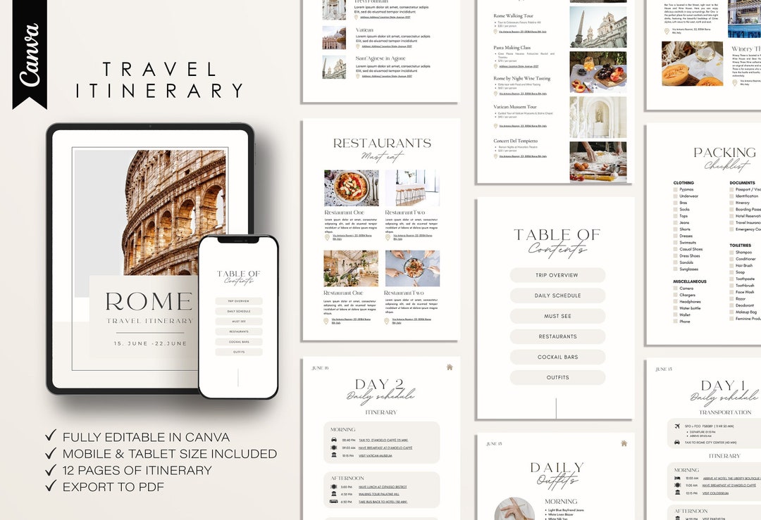 Canva Travel Itinerary Template: 12-page Printable Guide (digital ...