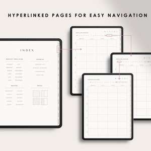 Pu&ograve; includere: Un planner digitale con pagine ipertestuali per una facile navigazione. Il planner include una pagina di indice con sezioni per un piano pasto mensile, ricette preferite e note. Ci sono anche tre pagine di planner pasto, ognuna con un layout a griglia per pianificare i pasti.