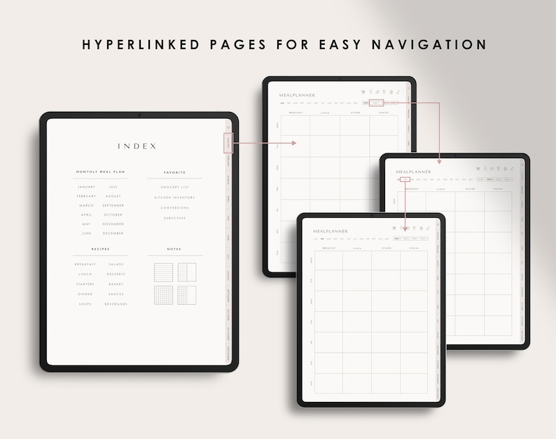 Pu&ograve; includere: Un planner digitale con pagine ipertestuali per una facile navigazione. Il planner include una pagina di indice con sezioni per un piano pasto mensile, ricette preferite e note. Ci sono anche tre pagine di planner pasto, ognuna con un layout a griglia per pianificare i pasti.