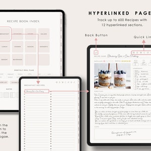 Puede incluir: Un &iacute;ndice de libro de recetas digital con un plan de comidas mensual, una lista de la compra y notas de cocina. El &iacute;ndice incluye secciones para el desayuno, aperitivos, sopas, ensaladas, almuerzo, cena, salsas, postres, panader&iacute;a y bebidas. La imagen tambi&eacute;n muestra una p&aacute;gina de receta para Pudding de Avena y Ch&iacute;a con Ar&aacute;ndanos con instrucciones e ingredientes.
