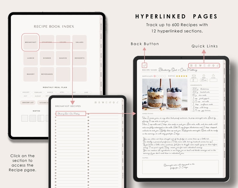 Puede incluir: Un &iacute;ndice de libro de recetas digital con un plan de comidas mensual, una lista de la compra y notas de cocina. El &iacute;ndice incluye secciones para el desayuno, aperitivos, sopas, ensaladas, almuerzo, cena, salsas, postres, panader&iacute;a y bebidas. La imagen tambi&eacute;n muestra una p&aacute;gina de receta para Pudding de Avena y Ch&iacute;a con Ar&aacute;ndanos con instrucciones e ingredientes.
