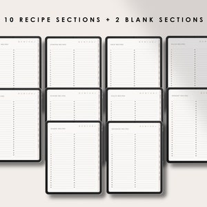 Puede incluir: Un planificador digital con 10 secciones de recetas y 2 secciones en blanco. Cada secci&oacute;n tiene un t&iacute;tulo y una lista de l&iacute;neas para escribir recetas.