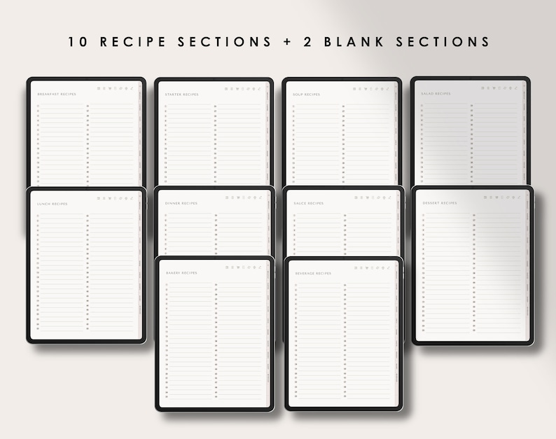 Puede incluir: Un planificador digital con 10 secciones de recetas y 2 secciones en blanco. Cada secci&oacute;n tiene un t&iacute;tulo y una lista de l&iacute;neas para escribir recetas.