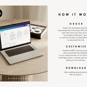 May include: A laptop computer displaying a Canva template on a wooden table. The text on the screen reads "Download Link". The image also includes text describing how to order, customize, and download the template.