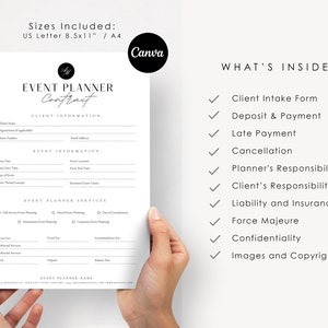 May include: A black and white printable event planner contract template with the text "Event Planner Contract" and "Client Information". The template includes sections for event information, event planner services, and client and planner responsibilities. The document is available in US Letter (8.5x11 inches) and A4 sizes.