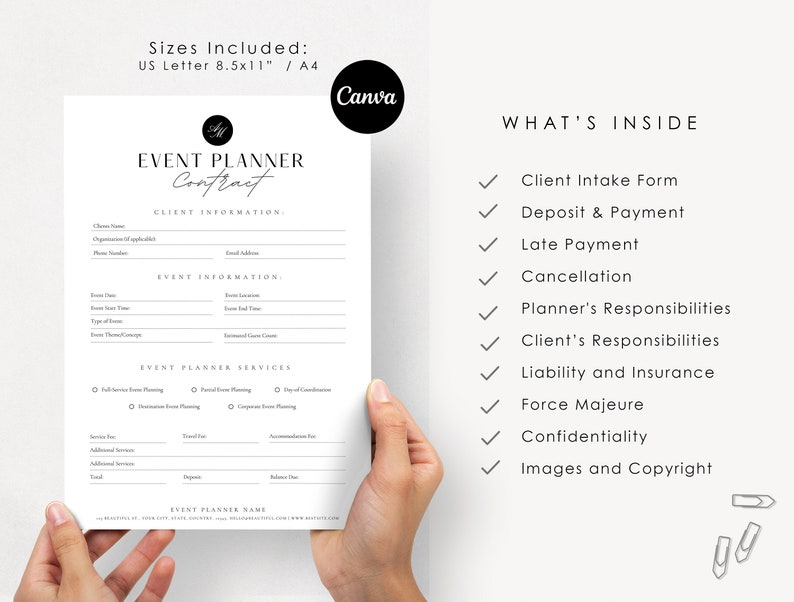 May include: A black and white printable event planner contract template with the text "Event Planner Contract" and "Client Information". The template includes sections for event information, event planner services, and client and planner responsibilities. The document is available in US Letter (8.5x11 inches) and A4 sizes.