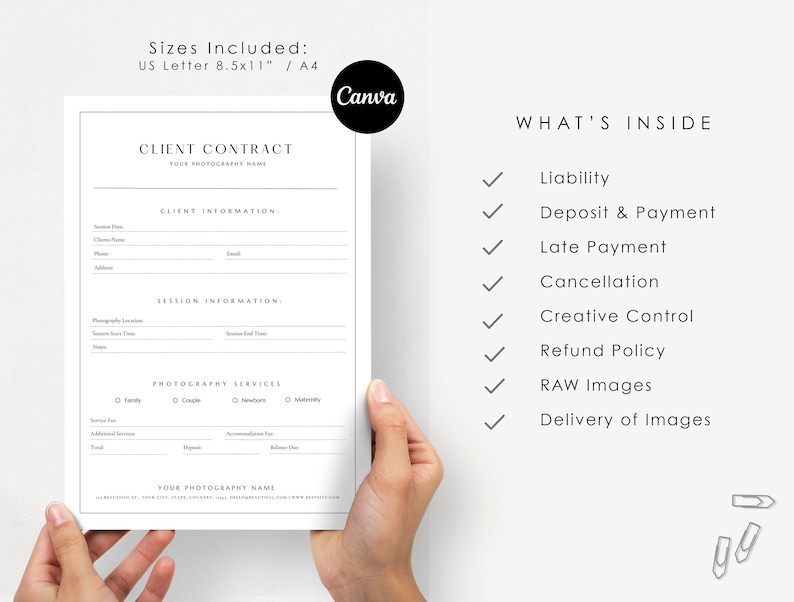 Pu&ograve; includere: Un modello di contratto cliente in bianco e nero per fotografi. Il modello include sezioni per le informazioni del cliente, le informazioni sulla sessione, i servizi fotografici e i dettagli di pagamento. Il testo "What's Inside" &egrave; elencato con i segni di spunta accanto a quanto segue: Responsabilit&agrave;, Deposito e pagamento, Pagamento in ritardo, Cancellazione, Controllo creativo, Politica di rimborso, Immagini RAW e Consegna delle immagini.