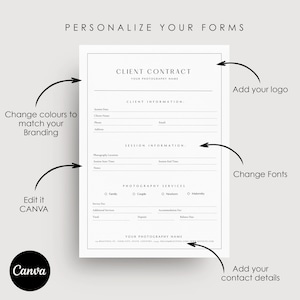 Pu&ograve; includere: Un modello di contratto cliente stampabile in bianco e nero per fotografi. Il modello include sezioni per le informazioni del cliente, le informazioni sulla sessione, i servizi fotografici e i dettagli di contatto. Il testo "PERSONALIZZA I TUOI MODULI" &egrave; in cima alla pagina.