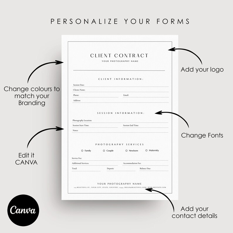 Pu&ograve; includere: Un modello di contratto cliente stampabile in bianco e nero per fotografi. Il modello include sezioni per le informazioni del cliente, le informazioni sulla sessione, i servizi fotografici e i dettagli di contatto. Il testo "PERSONALIZZA I TUOI MODULI" &egrave; in cima alla pagina.