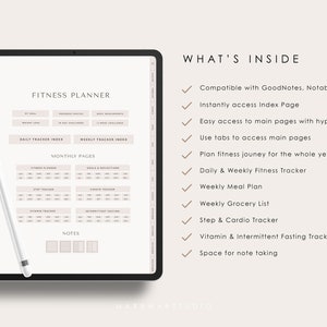 Puede incluir: Un planificador de fitness digital en la pantalla de una tableta. El planificador incluye secciones para el seguimiento diario y semanal, la planificaci&oacute;n de comidas, las listas de la compra, el seguimiento de pasos y cardio, el seguimiento de vitaminas y el ayuno intermitente, y notas. El planificador es compatible con GoodNotes y Notability.