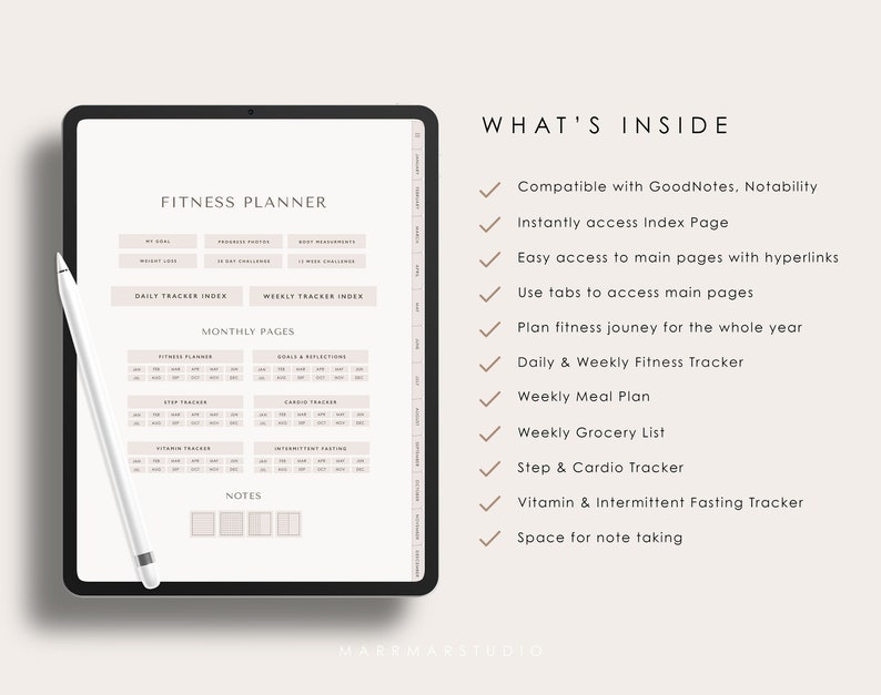 Puede incluir: Un planificador de fitness digital en la pantalla de una tableta. El planificador incluye secciones para el seguimiento diario y semanal, la planificaci&oacute;n de comidas, las listas de la compra, el seguimiento de pasos y cardio, el seguimiento de vitaminas y el ayuno intermitente, y notas. El planificador es compatible con GoodNotes y Notability.