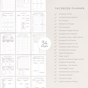 May include: A black and white printable Facebook planner with 34 pages. The planner includes sections for Facebook profile, brand identity, post planner, weekly post planner, post schedule, images planner, story planner, video and reels planner, live planner, groups to join, page overview, like tracker, demographics, insights, monthly content, page roles, campaign and ads planner, ads budget tracker, group overview, giveaway planner, checklist and tasks, and target audience planner.
