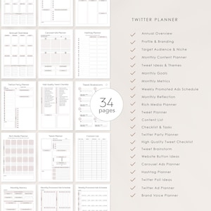 May include: A printable Twitter planner with 34 pages, including sections for annual overview, profile and branding, target audience, monthly content planner, tweet ideas, monthly goals, metrics, promoted ads schedule, reflection, rich media, tweet planner, content list, checklist, tasks, Twitter party planner, high quality tweet checklist, tweet brainstorm, website button ideas, carousel ads planner, hashtag planner, Twitter poll ideas, Twitter ad planner, and brand voice planner.