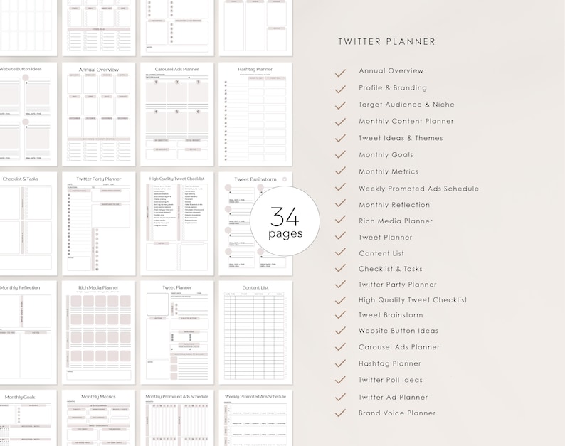 May include: A printable Twitter planner with 34 pages, including sections for annual overview, profile and branding, target audience, monthly content planner, tweet ideas, monthly goals, metrics, promoted ads schedule, reflection, rich media, tweet planner, content list, checklist, tasks, Twitter party planner, high quality tweet checklist, tweet brainstorm, website button ideas, carousel ads planner, hashtag planner, Twitter poll ideas, Twitter ad planner, and brand voice planner.