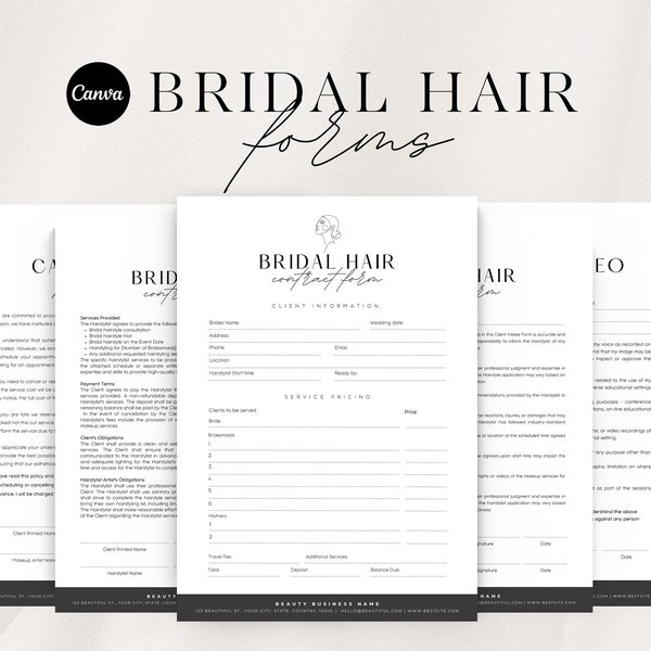 Editable Bridal Hair Contract Template | Bridal Hairstylist Contract Agreement | Hairstylist Contract | Hairstylist Form Bundle | CANVA