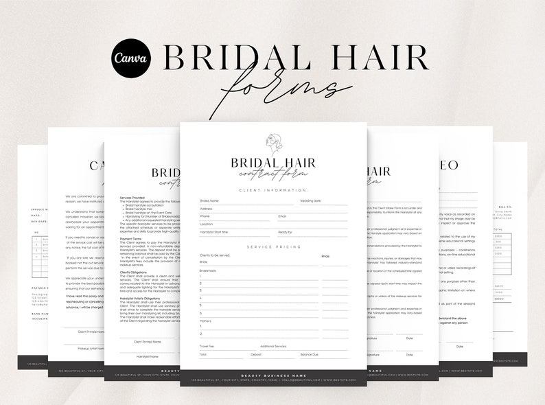 Bearbeitbare Braut Haarvertragsvorlage Brautfriseurvertrag Hairstylist Vertrag Hairstylist Form Bundle CANVA Bild 1