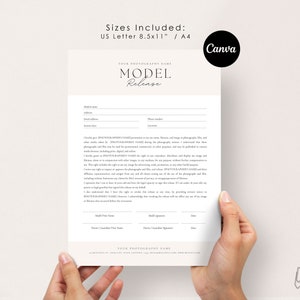 May include: A printable model release form for photographers. The form includes fields for the model's name, address, email, phone number, and date. It also includes a section for the photographer's name and signature.