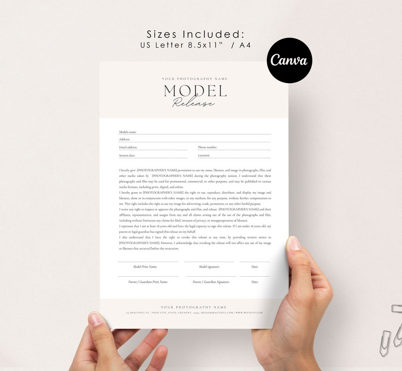 May include: A printable model release form for photographers. The form includes fields for the model's name, address, email, phone number, and date. It also includes a section for the photographer's name and signature.