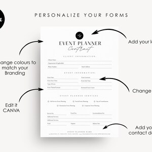 May include: A black and white customizable event planner contract template. The template includes sections for client information, event information, event planner services, and event planner name. The text "PERSONALIZE YOUR FORMS" is at the top of the template. The text "EVENT PLANNER Contract" is in a stylized font. The template is designed to be edited in Canva.