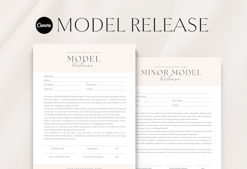 May include: Two model release forms, one for adults and one for minors. Both forms include fields for the model's name, address, phone number, email address, and location. The forms also include a section for the photographer's name and signature.