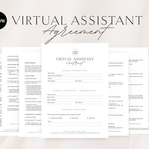 May include: A collection of white paper documents with black text, including a "Virtual Assistant Agreement" and "Virtual Assistant Contract." The Canva logo is in the upper left corner. The documents contain fields for client and virtual assistant information.