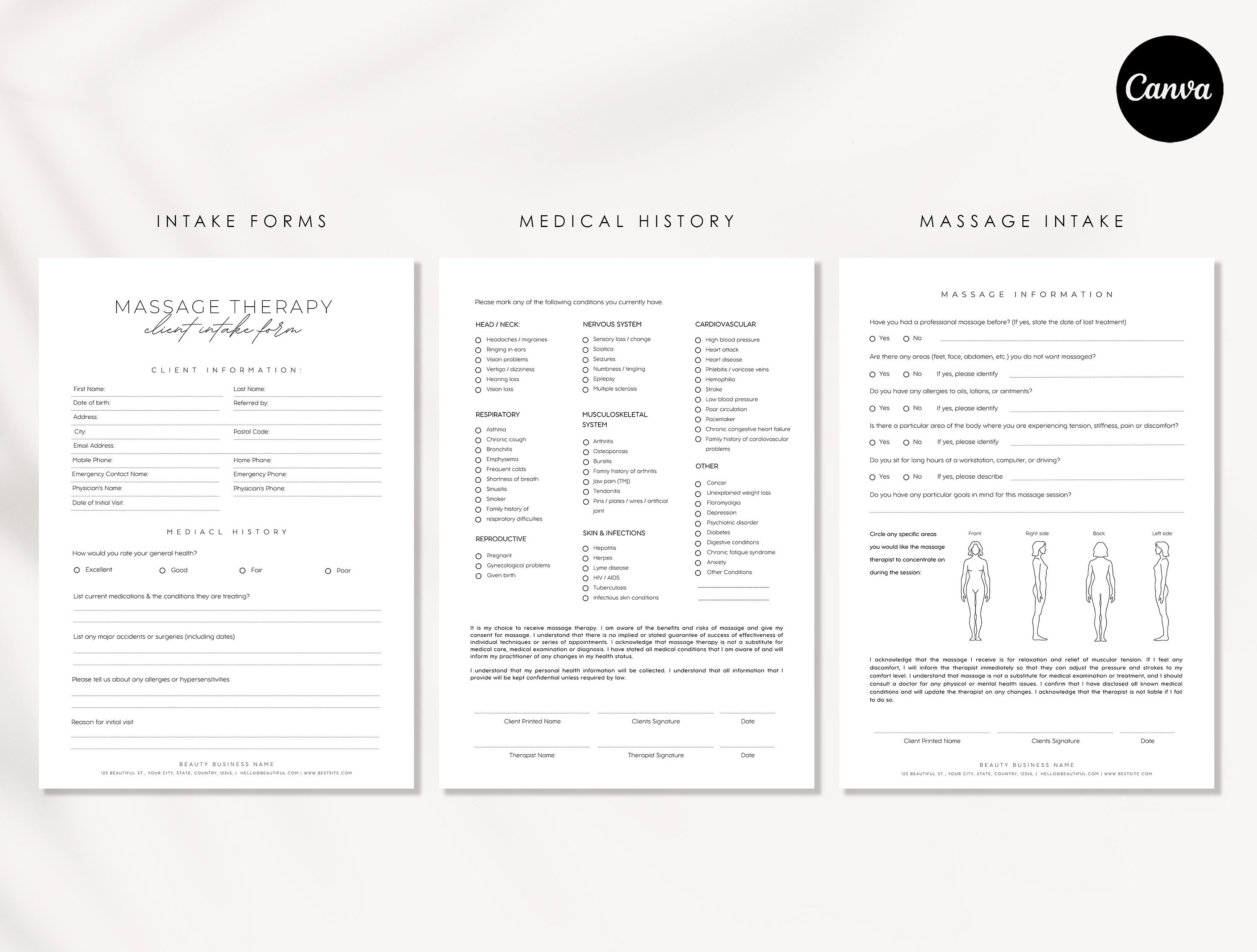 Message Paperwork Editable Massage Therapy Forms: Client Intake, SOAP Notes (canva ...