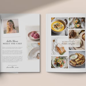 May include: Open cookbook with a photo of a woman and the text "hello there MEET THE CHEF". The right page features a collage of food photos with the text "NUTRITIOUS dinner recipes". The cookbook is open on a light-colored surface.