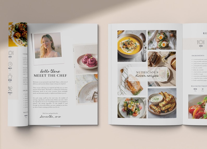 May include: Open cookbook with a photo of a woman and the text "hello there MEET THE CHEF". The right page features a collage of food photos with the text "NUTRITIOUS dinner recipes". The cookbook is open on a light-colored surface.