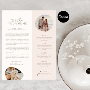 May include: A pink and white thank you card with a photo of a family on the beach. The card has a handwritten message that says "We love your home." and includes the family's names and a brief description of each person.