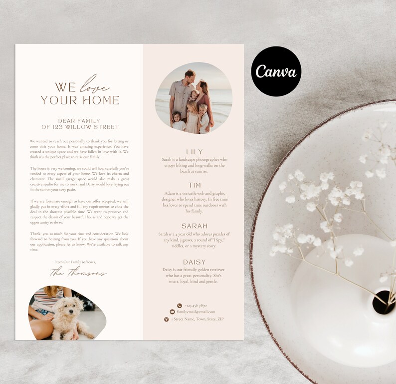 May include: A pink and white thank you card with a photo of a family on the beach. The card has a handwritten message that says "We love your home." and includes the family's names and a brief description of each person.