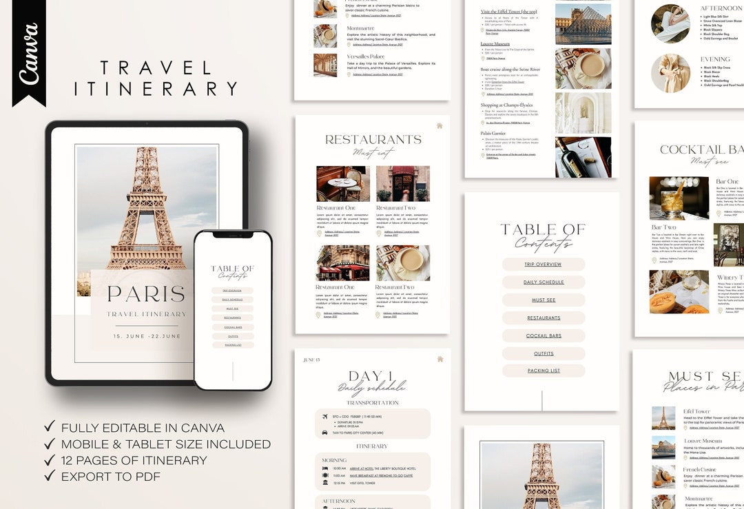 Travel Itinerary Template | Travel Planner | Printable Paris Travel ...