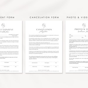 May include: Three printable forms for client consent, cancellation policy, and photo and video release. Each form features a simple line drawing of a woman's face.