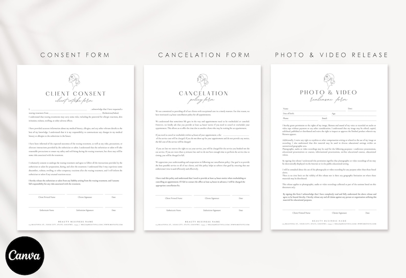May include: Three printable forms for client consent, cancellation policy, and photo and video release. Each form features a simple line drawing of a woman's face.