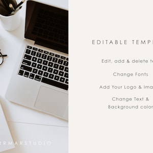 May include: A white desk with a laptop computer, a notebook, a pair of glasses, a pencil holder with pencils, and a wooden block. The text "NOTES" is on the notebook. The text "MARRMARSTUDIO" is at the bottom of the image. The text "EDITABLE TEMPLATE" is on the right side of the image. The text "Edit, add & delete text" is below the text "EDITABLE TEMPLATE". The text "Change Fonts" is below the text "Edit, add & delete text". The text "Add Your Logo & Images" is below the text "Change Fonts". The text "Change Text & Background color" is below the text "Add Your Logo & Images". The text "Canva" is in a small box in the upper right corner of the image.