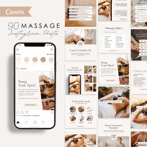 Op de afbeelding: Een collage van Instagram-berichten die massagetherapie-diensten promoten. De berichten bevatten afbeeldingen van mensen die massages krijgen, tekst over de voordelen van massage en oproepen tot actie om afspraken te maken. De tekst op de berichten bevat "Snag Your Spot!" en "Get It Now".