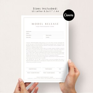May include: A printable model release form for photographers. The form includes fields for the model's name, address, phone number, email address, and signature. It also includes a section for the parent or guardian's signature if the model is under 18 years old.