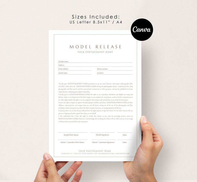 May include: A printable model release form for photographers. The form includes fields for the model's name, address, phone number, email address, and signature. It also includes a section for the parent or guardian's signature if the model is under 18 years old.