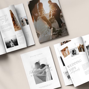 May include: A wedding photography guide with 38 pages. The guide features a black and white photo of a couple on the cover. The guide includes tips for wedding photography and a welcome guide.