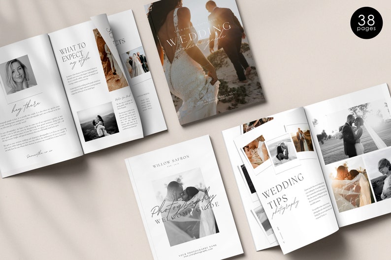 May include: A wedding photography guide with 38 pages. The guide features a black and white photo of a couple on the cover. The guide includes tips for wedding photography and a welcome guide.