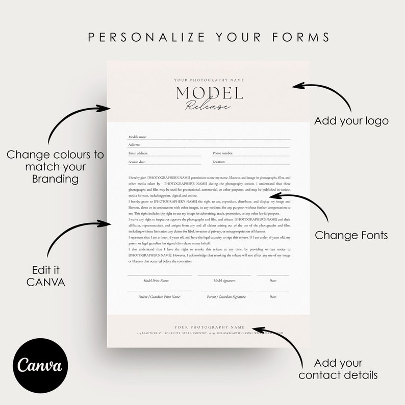 May include: A customizable model release form template for photographers. The form includes fields for the model's name, address, email, phone number, and location. It also includes a section for the photographer's name and signature, as well as a section for the model's parent or guardian's signature.