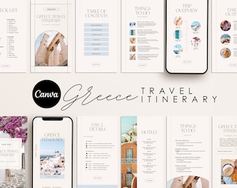 Greece Travel Itinerary Template: Mobile Travel Planner (Canva Editable)
