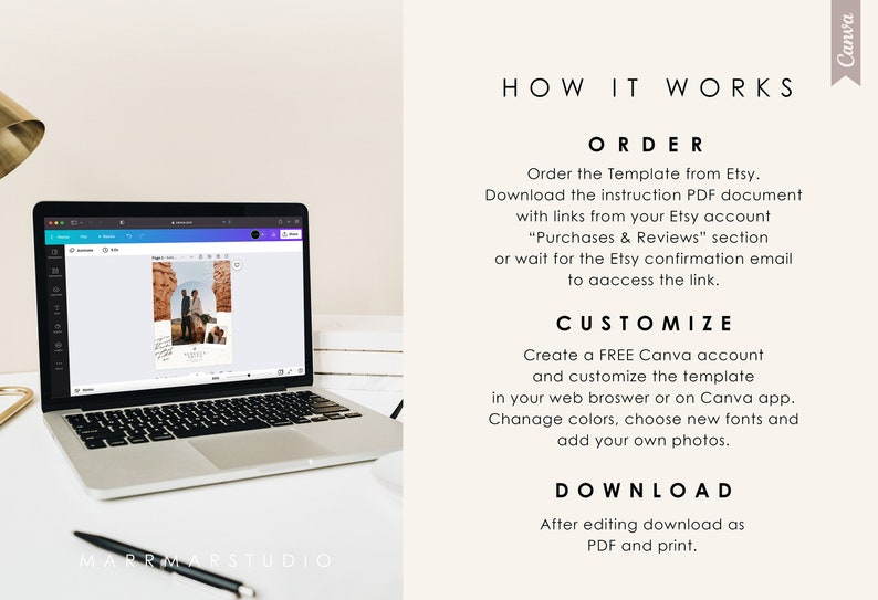 May include: A laptop computer displaying a Canva design template on the screen. The design is a wedding calendar with a photo of a couple in front of a desert landscape. The text on the screen reads "HOW IT WORKS", "ORDER", "CUSTOMIZE", and "DOWNLOAD".